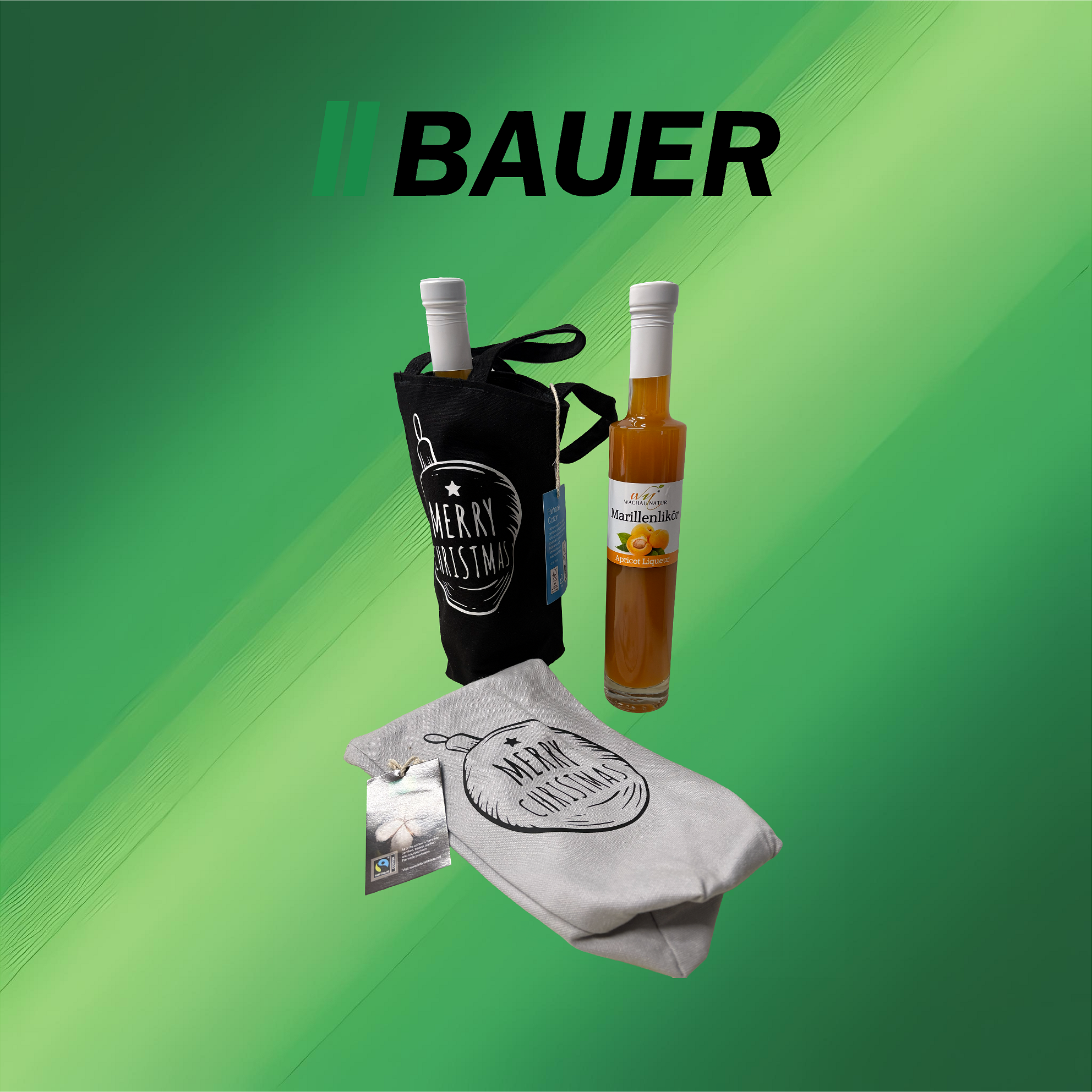 Fairtrade Flaschentasche inkl. 500ml Wachauer Natur Marillenlikör - Motiv: Christbaumkugel (Kopie)