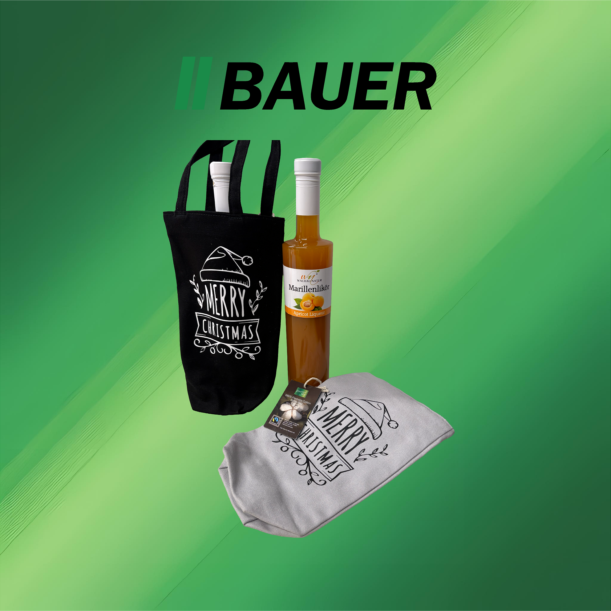 Fairtrade Flaschentasche inkl. 500ml Wachauer Natur Marillenlikör - Motiv: Mütze, Merry Christmas